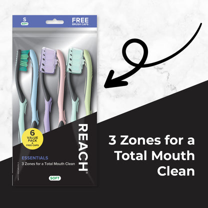 Reach Essentials Toothbrush with Toothbrush Caps, Multi-Zoned Angled Soft Bristles, Contoured Handle, Tongue Scraper, 6 Count