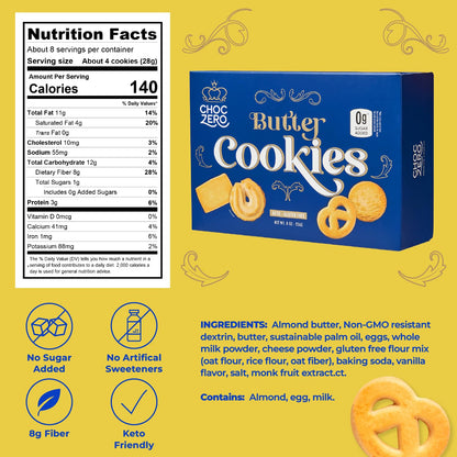 ChocZero Keto Butter Cookies - Sugar Free Danish Shortbread Gift - Gluten Free, Low Carb (1 tin, 12 oz)