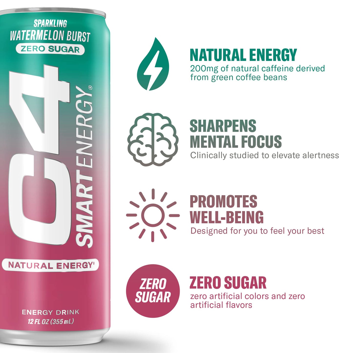 C4 Smart Energy Drink – Boost Focus and Energy with Zero Sugar, Natural Energy, and Nootropics - 200mg Caffeine - Cherry Berry Lime (12oz Pack of 12)