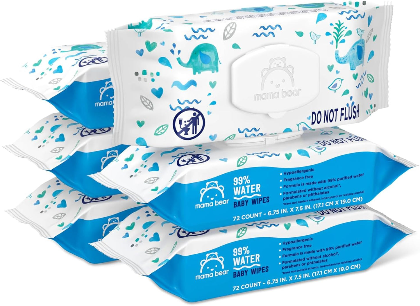 Amazon Brand - Mama Bear 99% Water Based Baby Wipes, Hypoallergenic for Sensitive Skin, Fragrance Free, 432 Count (6 Packs of 72)