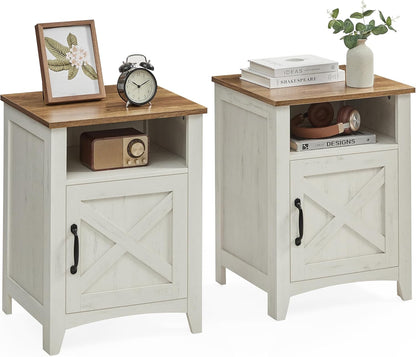 VASAGLE Farmhouse Nightstand with Barn Door, Set of 2, Bedside Table with Storage, Side End Table, Night Stand with Open Compartment, for Bedroom, Rustic White and Honey Brown ULET809K41