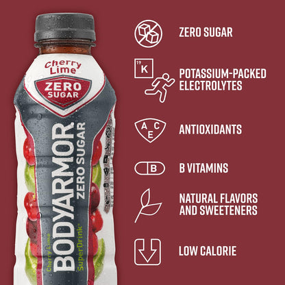 BODYARMOR ZERO Sugar Fruit Punch, Sugar Free Sports Drink - Low-Calorie Hydration - Natural Flavors with Potassium Packed Electrolytes, Antioxidants, and B-vitamins, 16 fl oz (pack of 12)