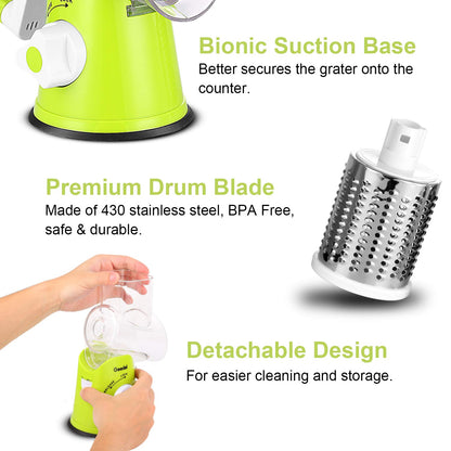 Geedel Rotary Cheese Grater, Kitchen Mandoline Vegetable Slicer with 3 Interchangeable Blades, Easy to Clean Grater for Fruit, Vegetables, Nuts