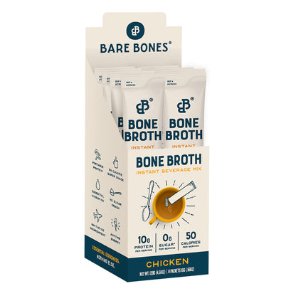 Bare Bones Bone Broth Instant Powdered Beverage Mix, Chicken, Pack of 16, 15g Sticks, 10g Protein, Keto & Paleo Friendly