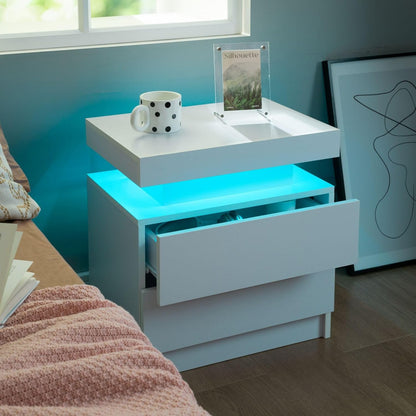 Nightstand Set of 2 LED Nightstand with 2 Drawers, Bedside Table with Drawers for Bedroom Furniture, Side Bed Table with LED Light, White