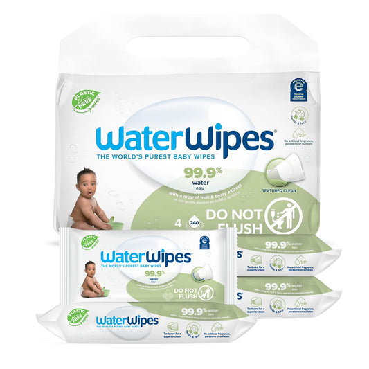 WaterWipes Plastic-Free Textured Clean, Toddler & Baby Wipes, 99.9% Water Based Wipes, Unscented & Hypoallergenic for Sensitive Skin, 60 Count (Pack of 4), Packaging May Vary