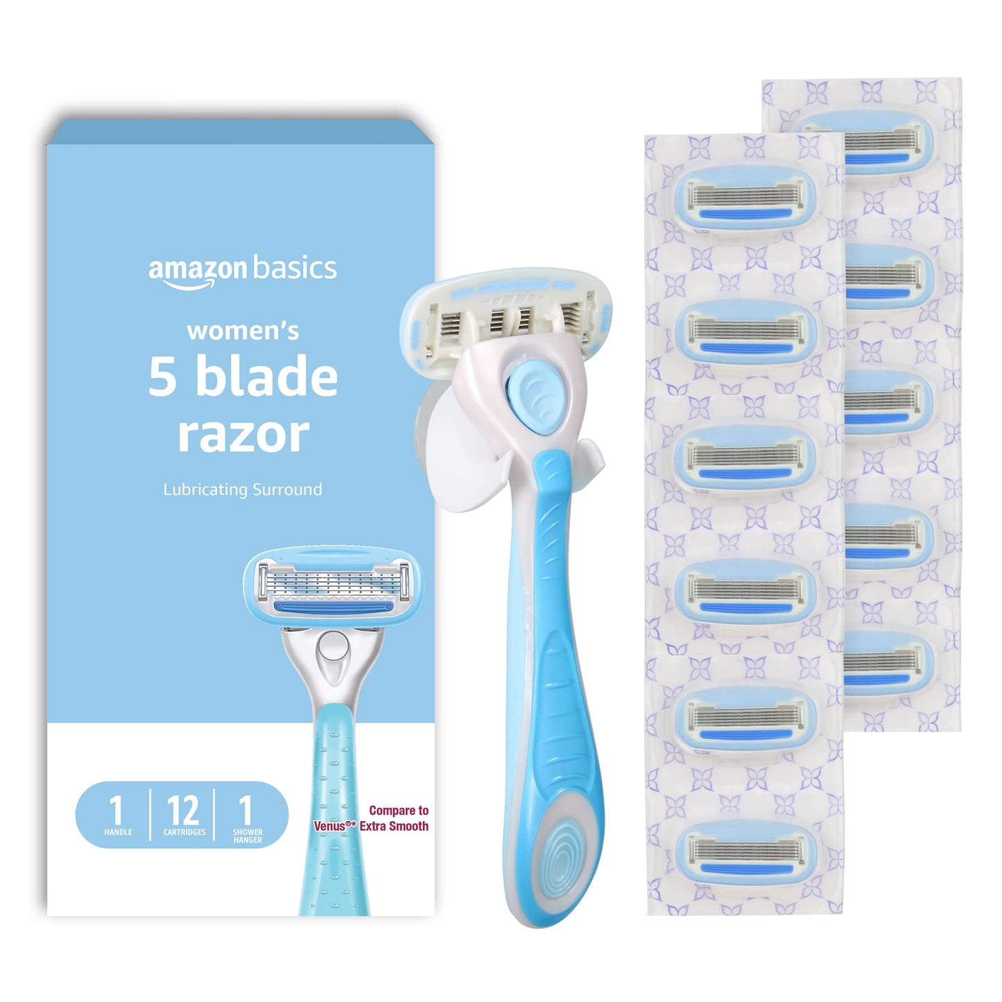 Amazon Basics 5-Blade Razor for Women, Handle, 2 Cartridges & Shower Hanger, 4 Piece Set (Cartridges fit Amazon Basics Razor Handles only) (Previously Solimo)