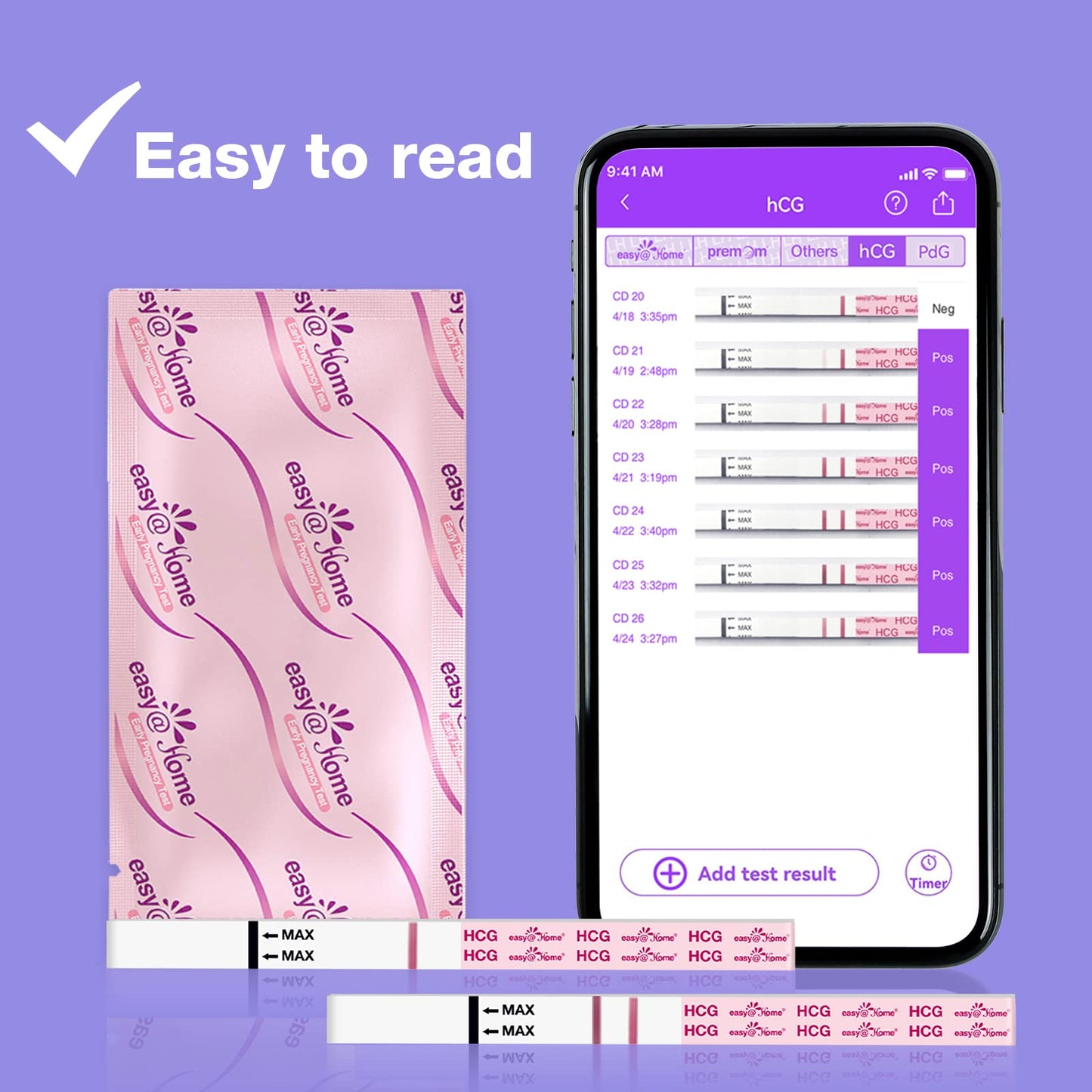 Easy@Home Pregnancy Test Strips Kit, Powered by Premom Ovulation Predictor iOS and Android APP, 20 HCG Tests