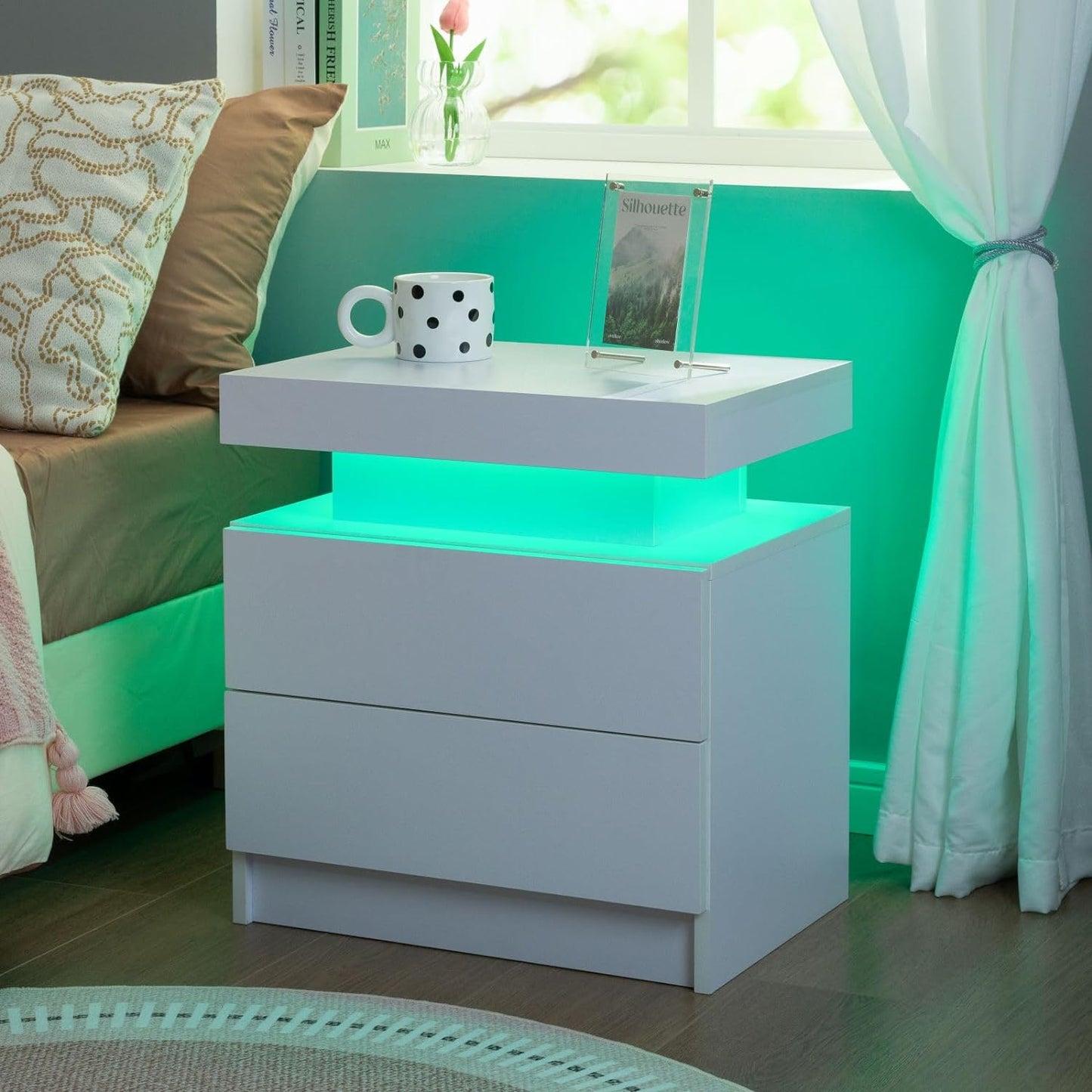 Nightstand Set of 2 LED Nightstand with 2 Drawers, Bedside Table with Drawers for Bedroom Furniture, Side Bed Table with LED Light, White