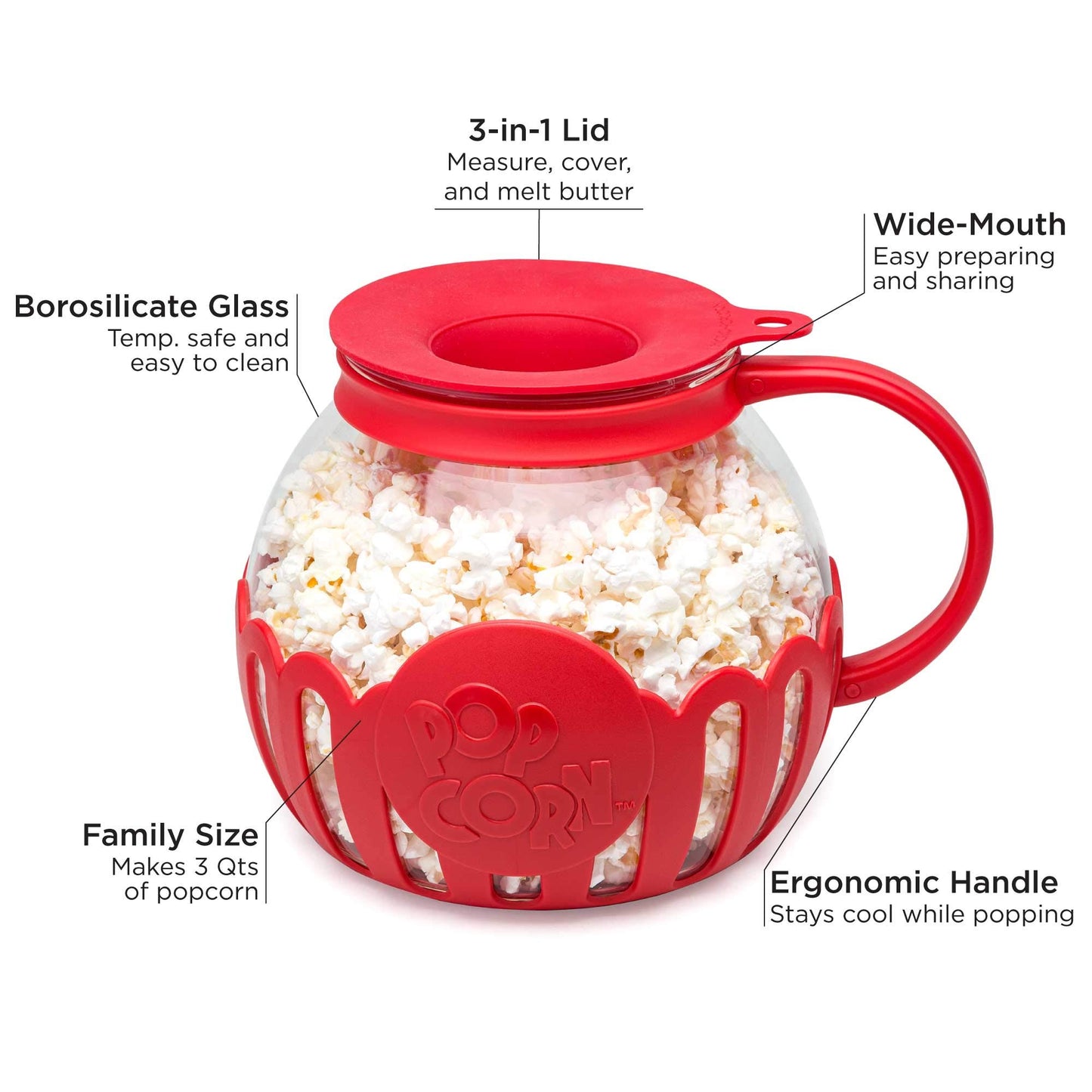 Ecolution Patented Micro-Pop Microwave Popcorn Popper with Temperature Safe Glass, 3-in-1 Lid Measures Kernels and Melts Butter, Made Without BPA, Dishwasher Safe, 3-Quart, Aqua