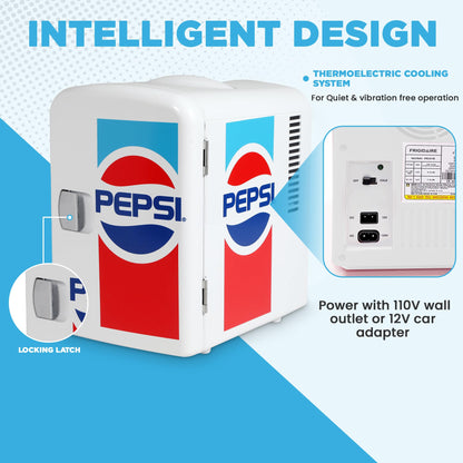 CURTIS MIS138PEP Pepsi Retro Logo, Mini Portable Compact Personal Fridge Cooler, 4 Liter Capacity Chills Six 12 oz Cans, 100% Freon-Free & Eco Friendly, White, 6