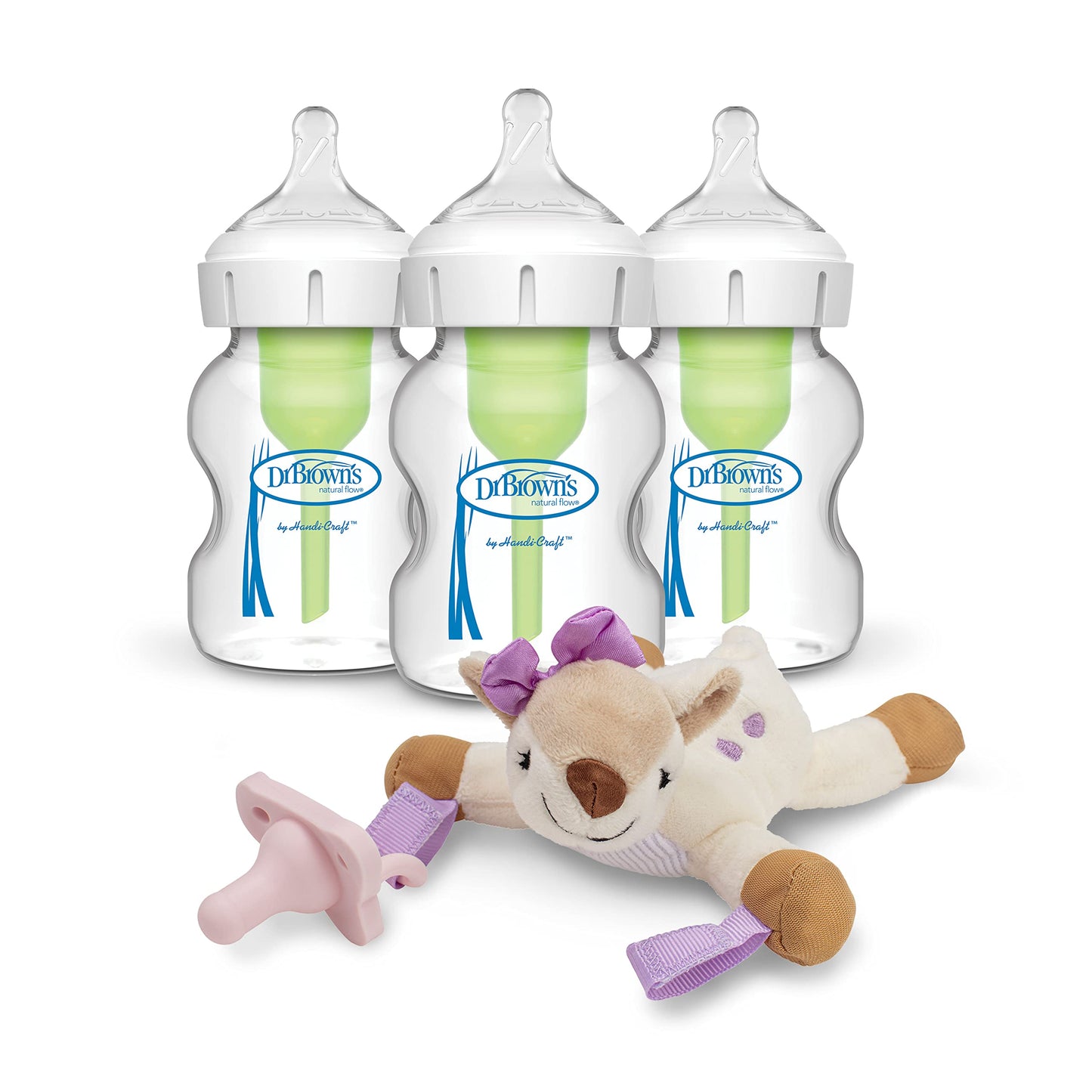 Dr. Brown's Natural Flow Anti-Colic Options+ Wide-Neck Glass Baby Bottles 5 oz/150 mL, with Level 1 Slow Flow Nipple, 3 Pack, 0m+