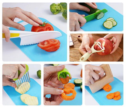 Kids Knife Set for Real Cooking Toddler Kitchen Tools Include 4 Serrated Edges Plastic Safe Knives,Crinkle Cutter Y Peeler Cutting Boards Wood Kids Knife, Kitchen Gloves, Fruit Forks and Dough Cutters