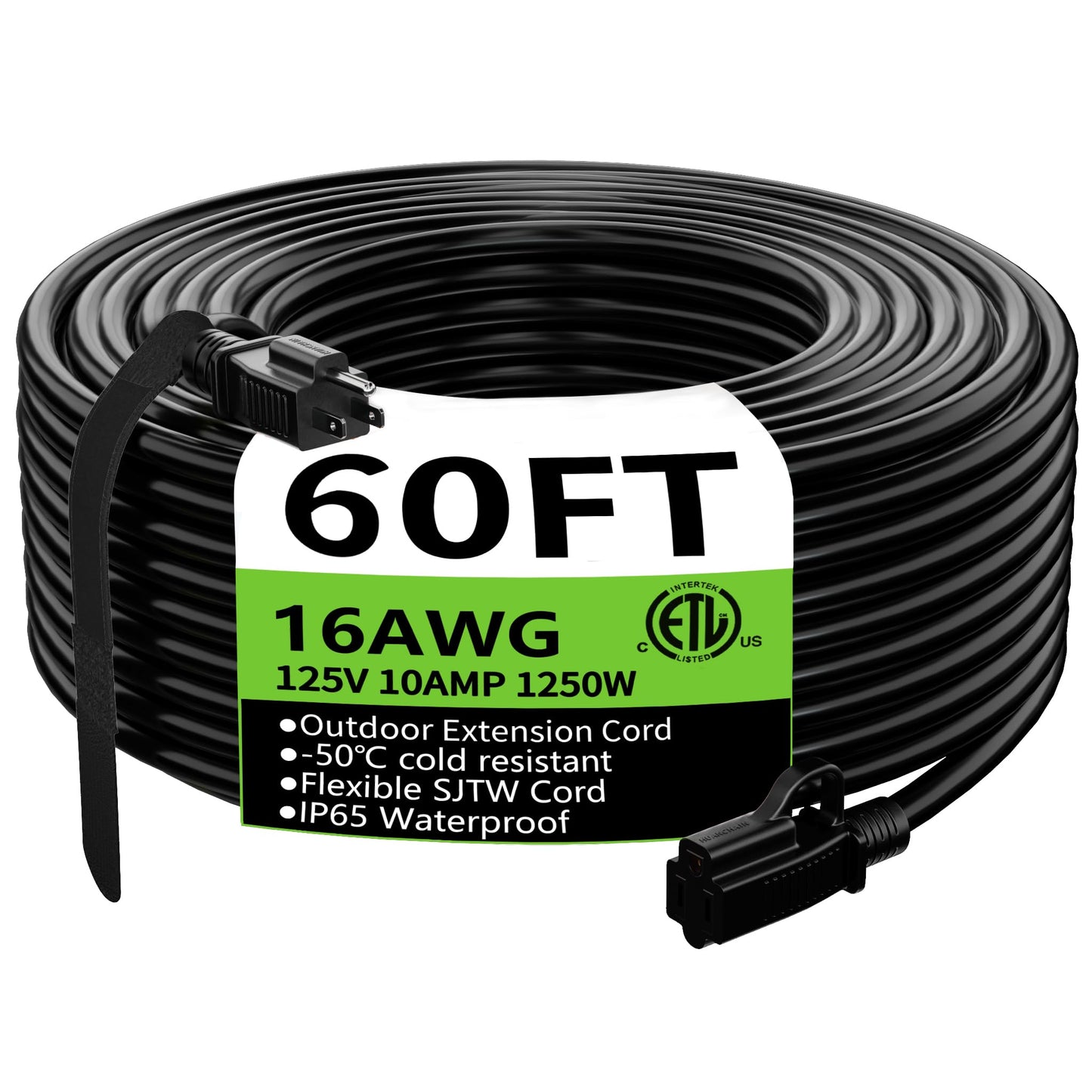 HUANCHAIN Indoor Outdoor Black Extension Cord 25 ft Waterproof, 16/3 Gauge Flexible Cold-Resistant Appliance Cord Outside, 13A 1625W 16AWG SJTW, 3 Prong Heavy Duty Electric Cord, ETL