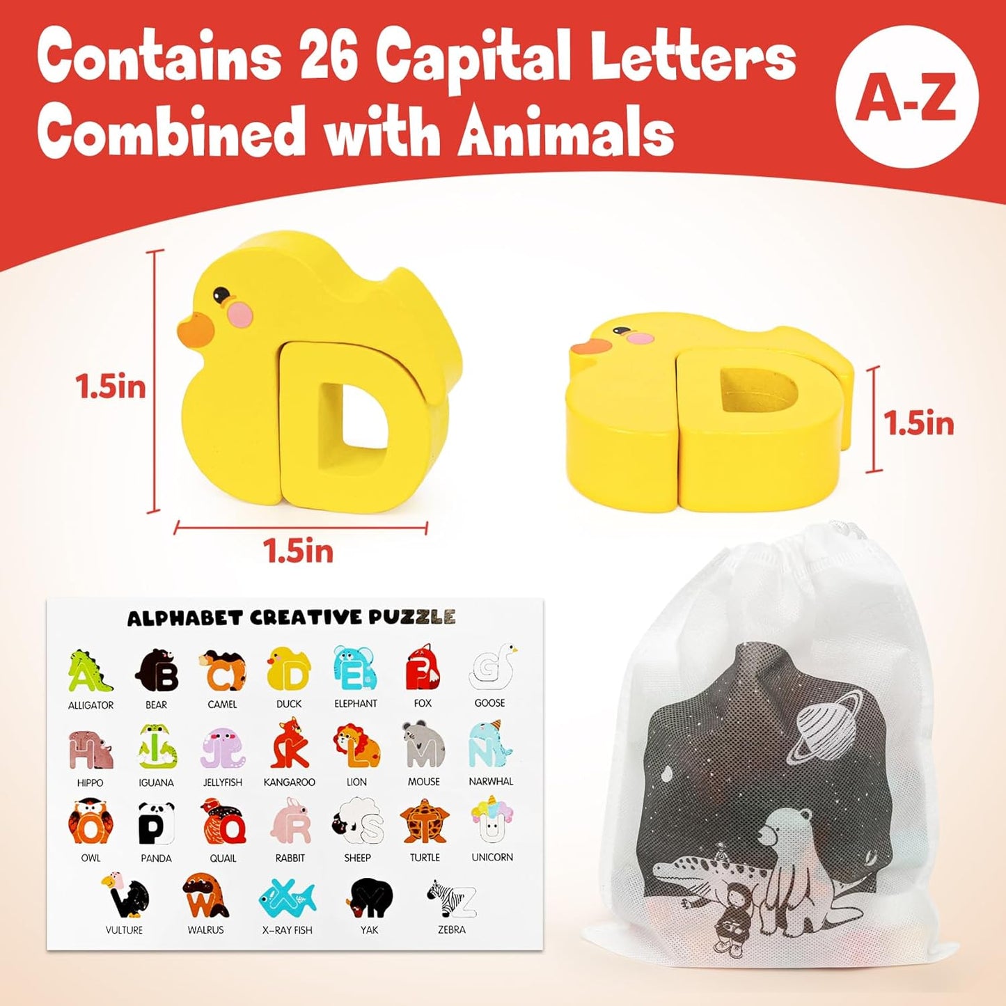 Wooden Alphabet Puzzle ABC Letter Animals Puzzles for Toddlers Montessori Sorting Blocks Board Preschool Matching Game Jigsaw Educational Early Learning Toy Gifts for Kids Boys Girls Ages 3-5