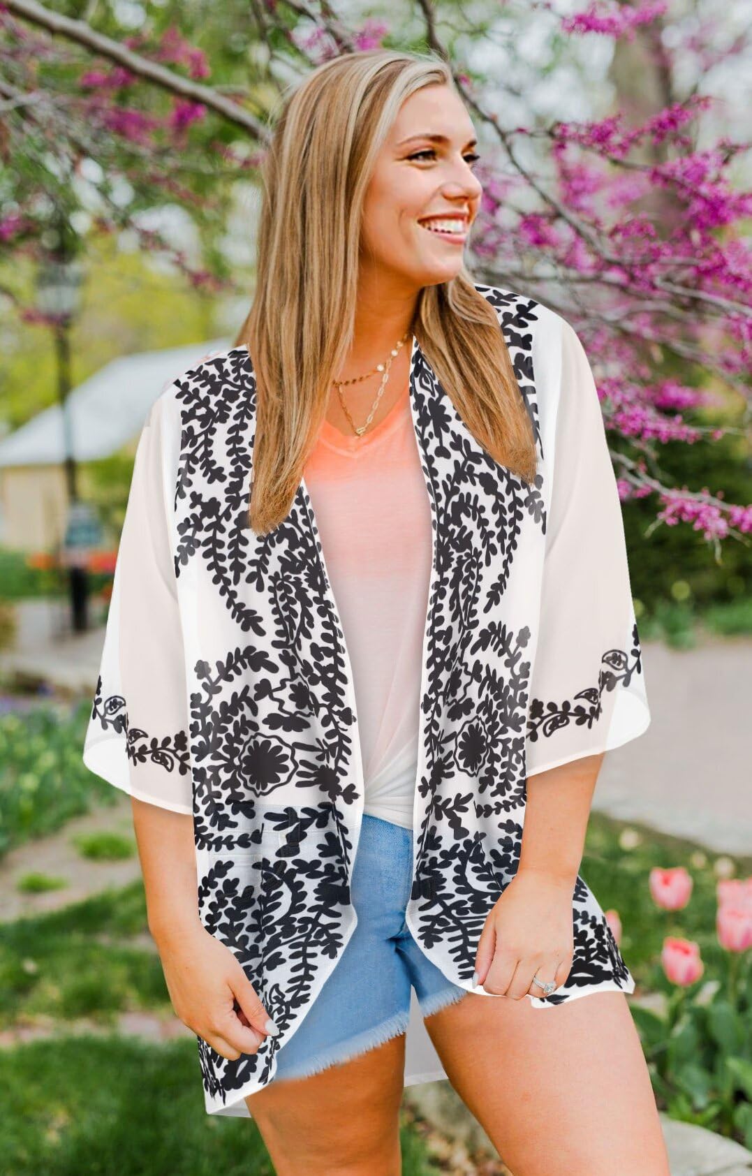 Women's Floral Print Puff Sleeve Kimono Cardigan Loose Cover Up Casual Blouse Tops