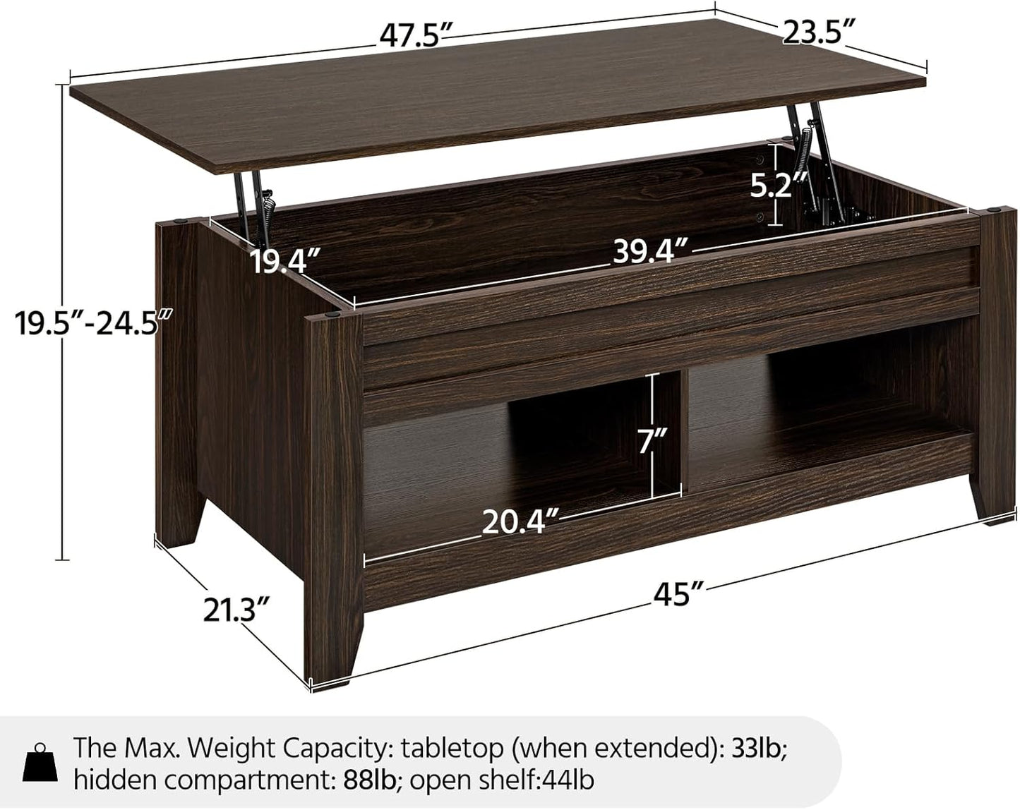 Yaheetech Lift Top Coffee Table with Hidden Storage Compartment & 2 Open Shelves, Rising Tabletop Pop Up Center Table for Living Room Reception Room, 47.5'' L, Espresso