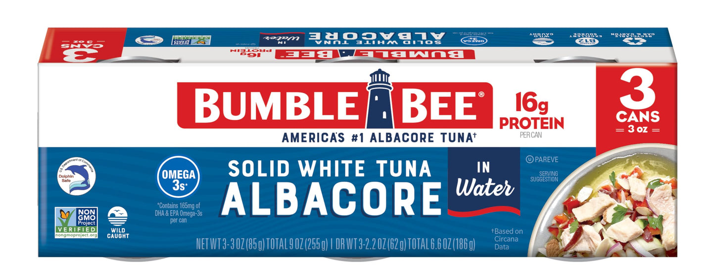 Bumble Bee Solid White Albacore Tuna in Water, 5 oz Can (Pack of 8) - Wild Caught Tuna - 29g Protein per Serving, High in Omega-3s - Non-GMO Project Verified, Gluten Free, Kosher