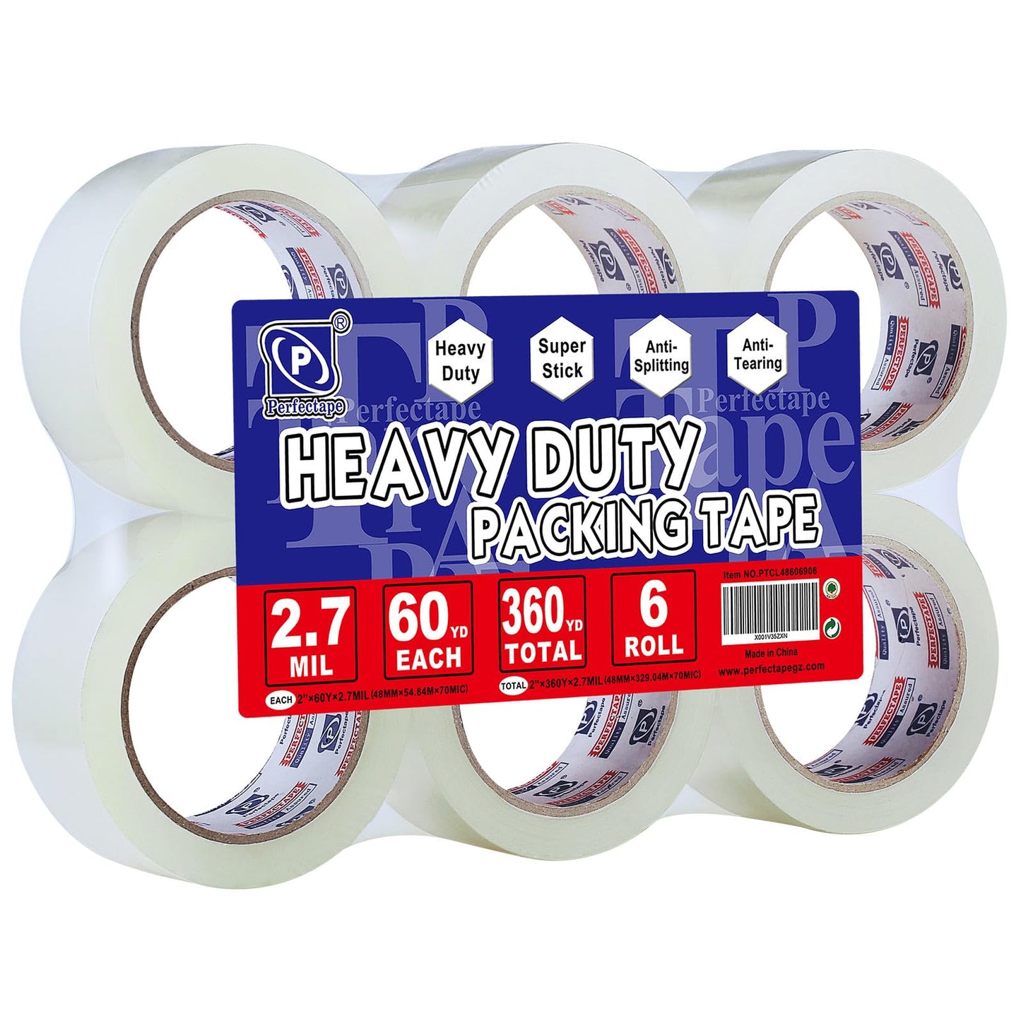 Heavy Duty Packing Tape 6 Rolls, Total 360Y, Clear, 2.7 mil, 1.88 inch x 60 Yards, Ultra Strong, Refill for Packaging and Shipping