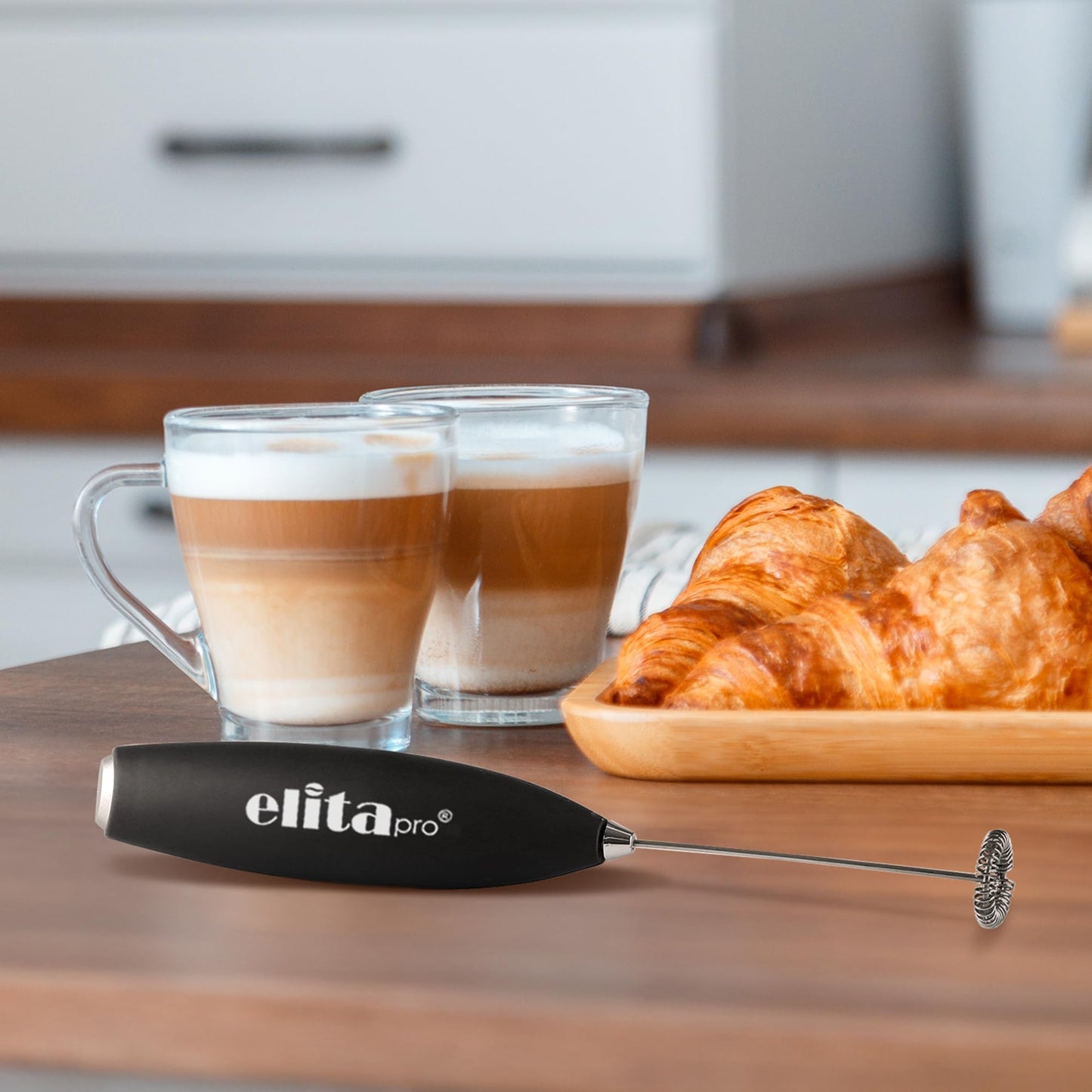 ElitaPro Powerful Milk Frother Wand - 2 in 1 Handheld Coffee Frother and Egg Beater - Mini Foam Maker With Stand - Whisk Drink Mixer & Foamer for Coffee, Latte, Matcha, Hot Chocolate (Exec Black)