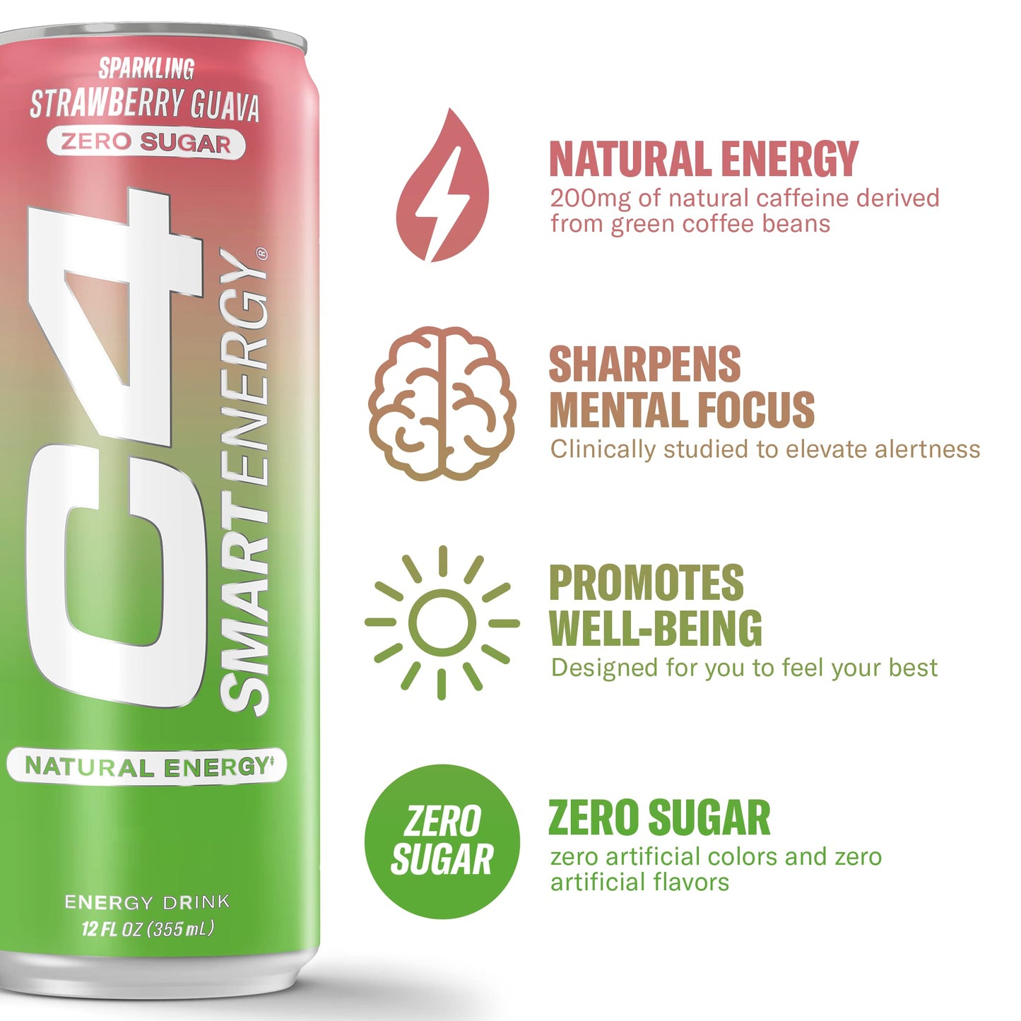 C4 Smart Energy Drink – Boost Focus and Energy with Zero Sugar, Natural Energy, and Nootropics - 200mg Caffeine - Cherry Berry Lime (12oz Pack of 12)