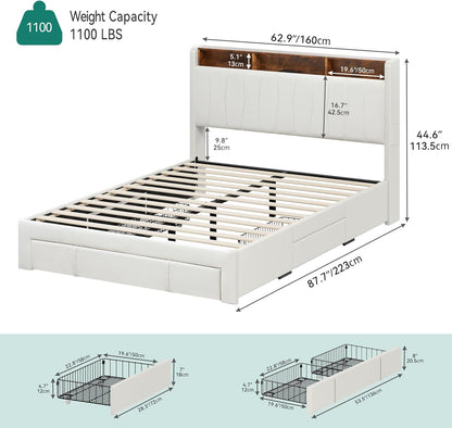 YITAHOME Queen Size Bed Frame, Storage Bed Frame with 4 Drawers & LED Light, Platform Bed with Storage Upholstered Headboard and Charging Station, No Box Spring Needed, Easy Assembly, Beige