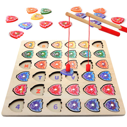 Wooden Magnetic Fishing Game for Toddlers, Montessori Fine Motor Skills Toy with Letters and Numbers, Preschool Learning ABC and Puzzle Birthday Toys Gift for 3 4 5+ Year Old Kids(2 Poles)