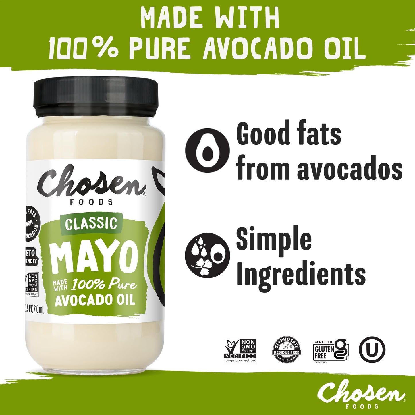 Chosen Foods 100% Avocado Oil-Based Classic Mayonnaise, Gluten & Dairy Free, Low-Carb, Keto & Paleo Diet Friendly, Mayo for Sandwiches, Dressings and Sauces, Made with Cage Free Eggs (32 Fl Oz)