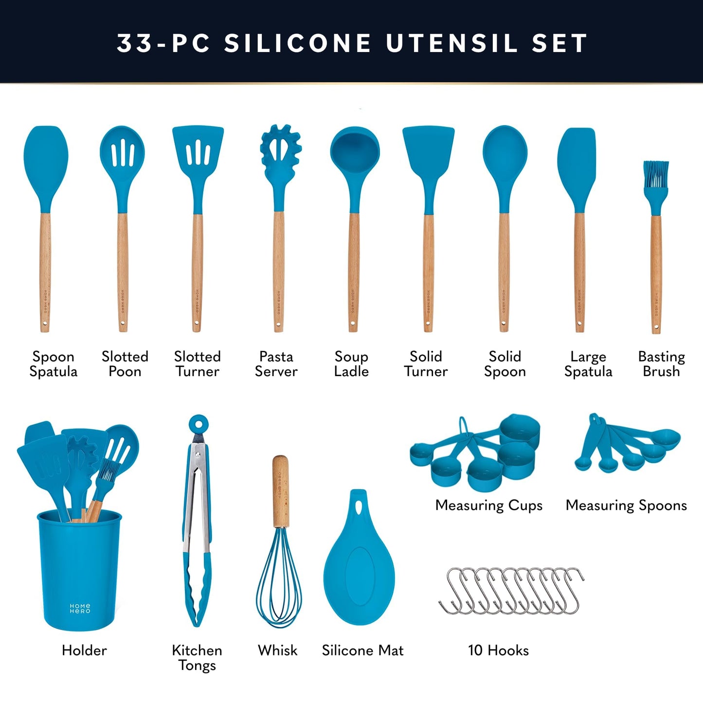 Home Hero 33 Pcs Silicone Kitchen Utensils Set, Non-Stick Silicone Cooking Utensils Set with Spatula, Wooden Handle Spatula, Silicone Kitchen Gadgets Utensil Set (33 Pcs - Blue)