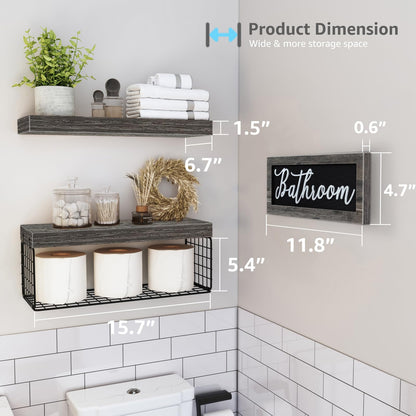 QEEIG ‎Bathroom Furniture Sets Shelves Over Toilet Paper Storage Wall Mounted Farmhouse Decor Decorations Aesthetic Décor Sign Small Floating Wall Shelf 2+1 Set 16 inch, Grey (020GY)