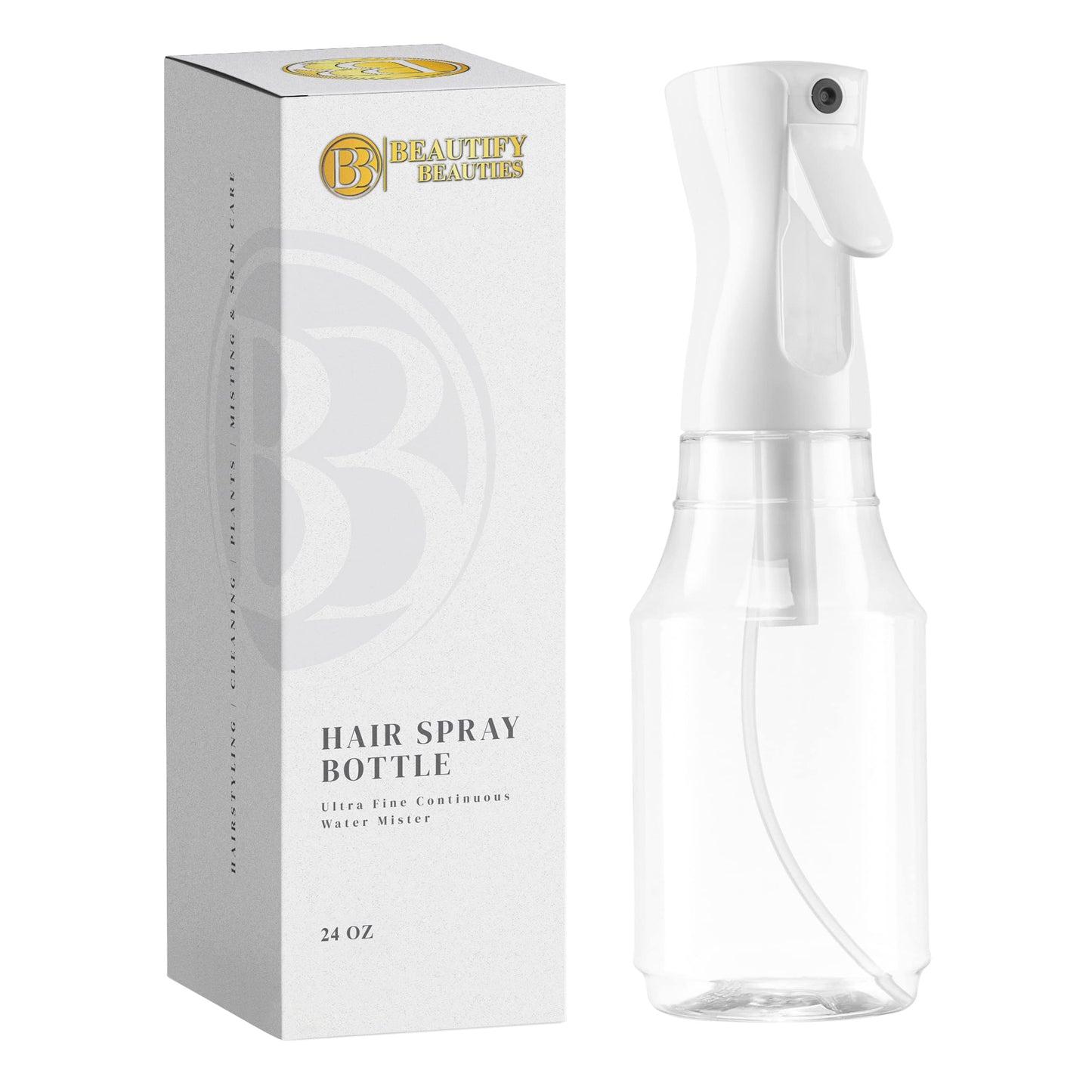 BeautifyBeauties Spray Bottle For Hair – Continuous Mister Spray Bottle for Hairstyling, Cleaning, Plants, Pets, Barbers, Salons, Essential Oil Scents (White, 6.8/200ml)