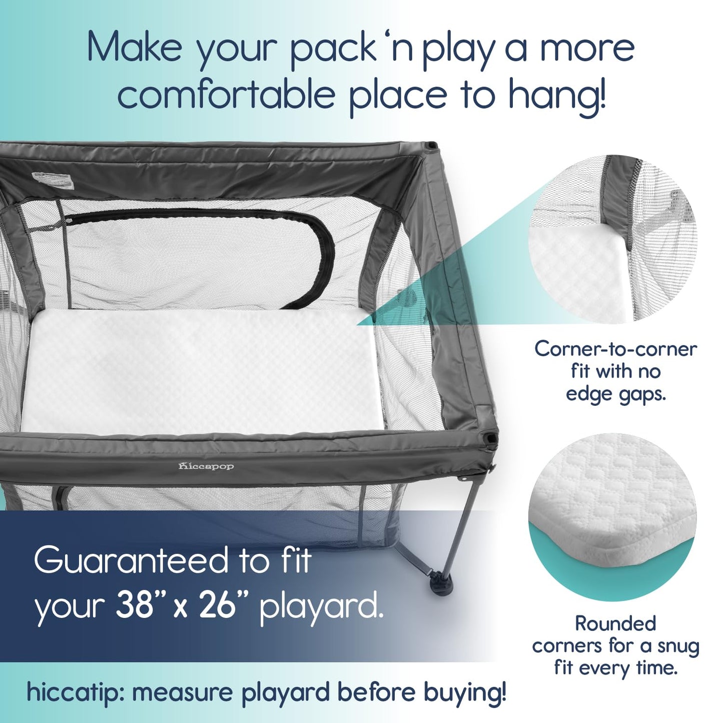 hiccapop Pack and Play Mattress Pad for (38"x26"x1.5"), Playpen Pad, Playard Mattress for Pack and Play, Pack N Play Mattress Topper with Carry Bag and Washable Cover, 1.5" Thick