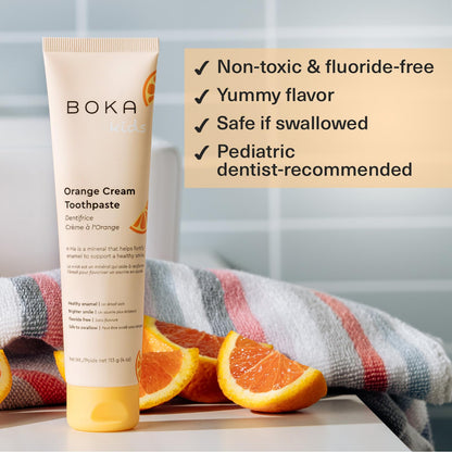 Boka Fluoride Free Toothpaste- Nano Hydroxyapatite, Remineralizing, Sensitive Teeth, Whitening- Dentist Recommended for Adult, Kids Oral Care- Orange Cream Flavor, 4oz 1Pk - US Manufactured