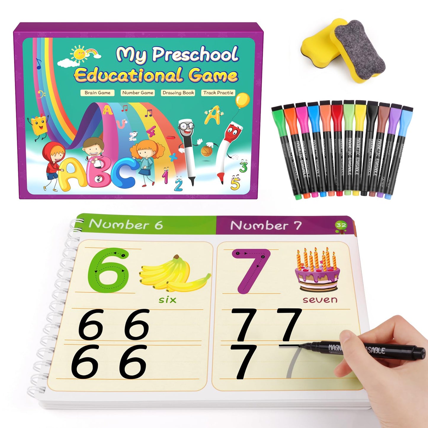 64 Pages Handwriting Practice Book for Kids, Toddler Preschool Learning Tracing Workbook Alphabet Numbers Busy Activity Dry Erase,Kindergarden Educational Games Toys 3-8,12 Markers,2 Erasers