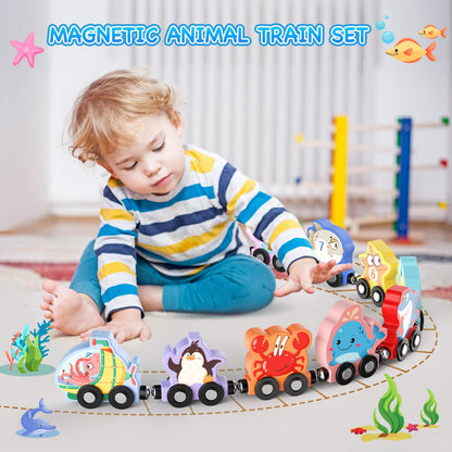 Toys for Toddlers, 11 Magnetic Wooden Animals Train Set, Montessori Toys for Toddlers, Preschool Learning Activities for kids, Birthday Gifts for Boys, Girls