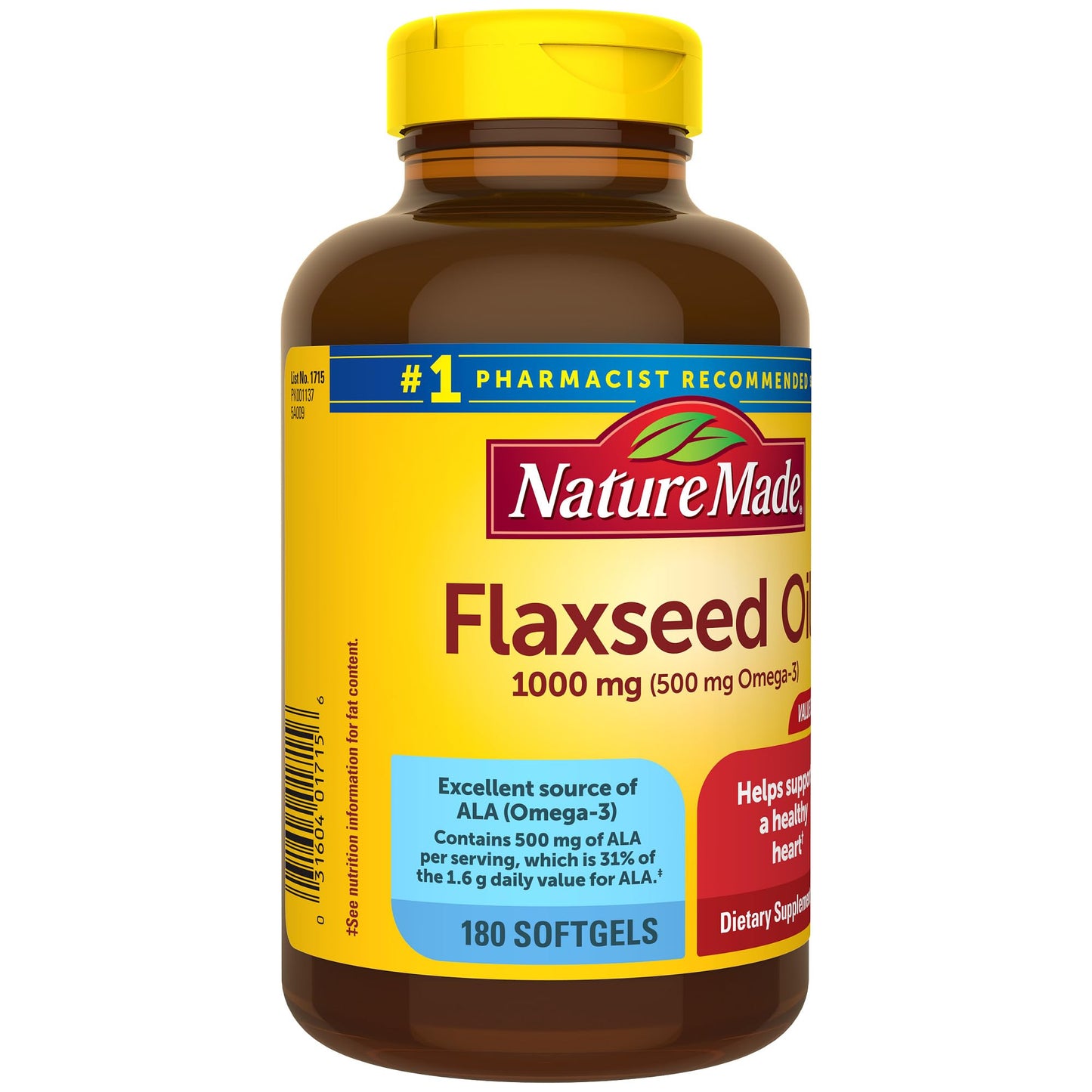 Nature Made Flaxseed Oil 1000 mg, Fish Free Omega 3 Supplement, Dietary Supplement for Heart Health Support, 100 Softgels, 100 Day Supply