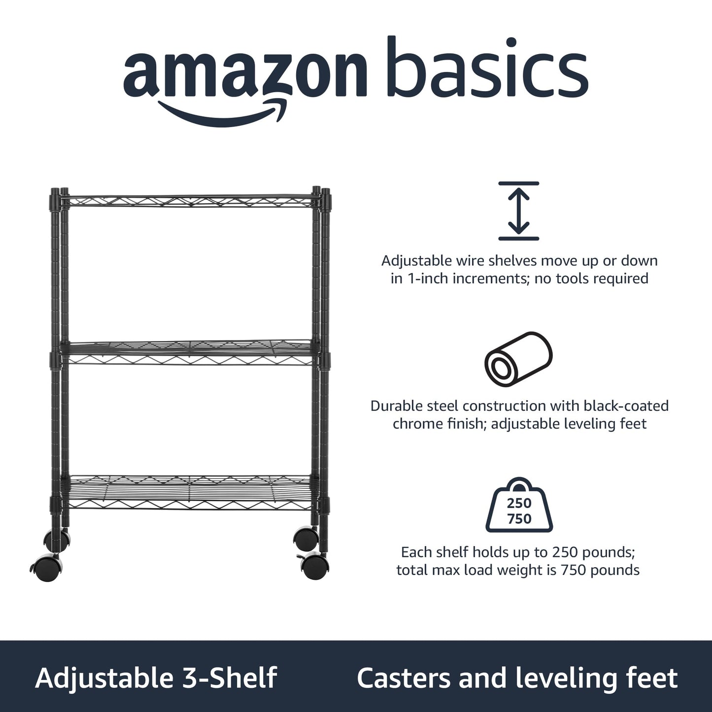 Amazon Basics 3-Shelf Adjustable, Heavy Duty Storage Shelving Unit (250 lbs loading capacity per shelf), Steel Organizer Wire Rack, 23.2"L x 13.4"W x 30"H, Black