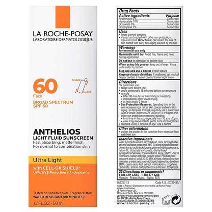 La Roche-Posay Anthelios Light Fluid Facial Sunscreen SPF 60 | Lightweight Sunscreen For Face | Fluid Texture | Broad Spectrum SPF + Antioxidants | Oil Free & Oxybenzone Free | Travel Size 1.7 Fl. Oz.