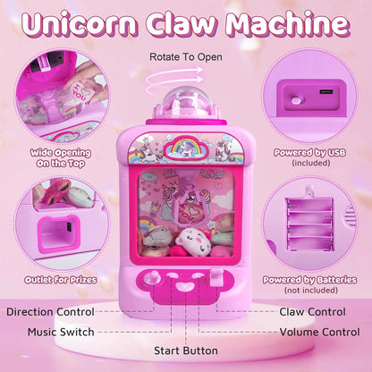 Claw Machine for Kids, Mini Vending Machine Girls Unicorn Toys, Candy Grabber Prize Dispenser with Sound & 20 Mini Plush Toys, Electronic Arcade Game Indoor Toy for Home Party Birthday Gifts