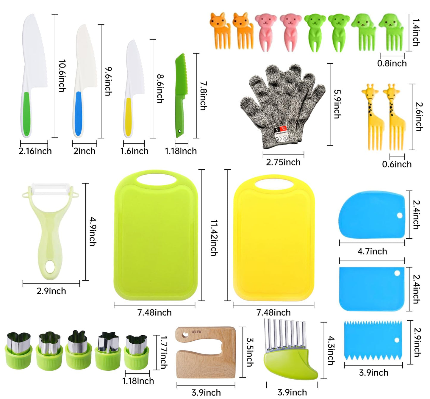 Kids Knife Set for Real Cooking Toddler Kitchen Tools Include 4 Serrated Edges Plastic Safe Knives,Crinkle Cutter Y Peeler Cutting Boards Wood Kids Knife, Kitchen Gloves, Fruit Forks and Dough Cutters