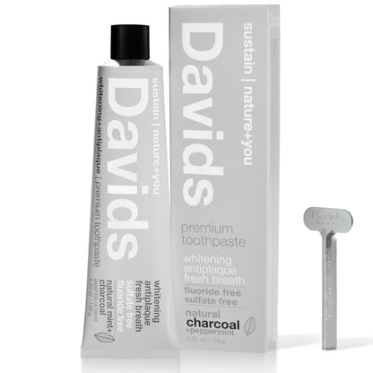 Davids Natural Toothpaste for Teeth Whitening, Peppermint, Antiplaque, Fluoride Free, SLS Free, EWG Verified, Toothpaste Squeezer Included, Recyclable Metal Tube, 5.25oz