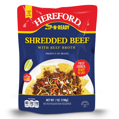 Hereford Shredded Beef with Beef Broth| Shelf Stable | Halal | Fully Cooked | Ready-to-Eat | 13g of Protein per Serving | 7oz per Pouch (Case of 12)