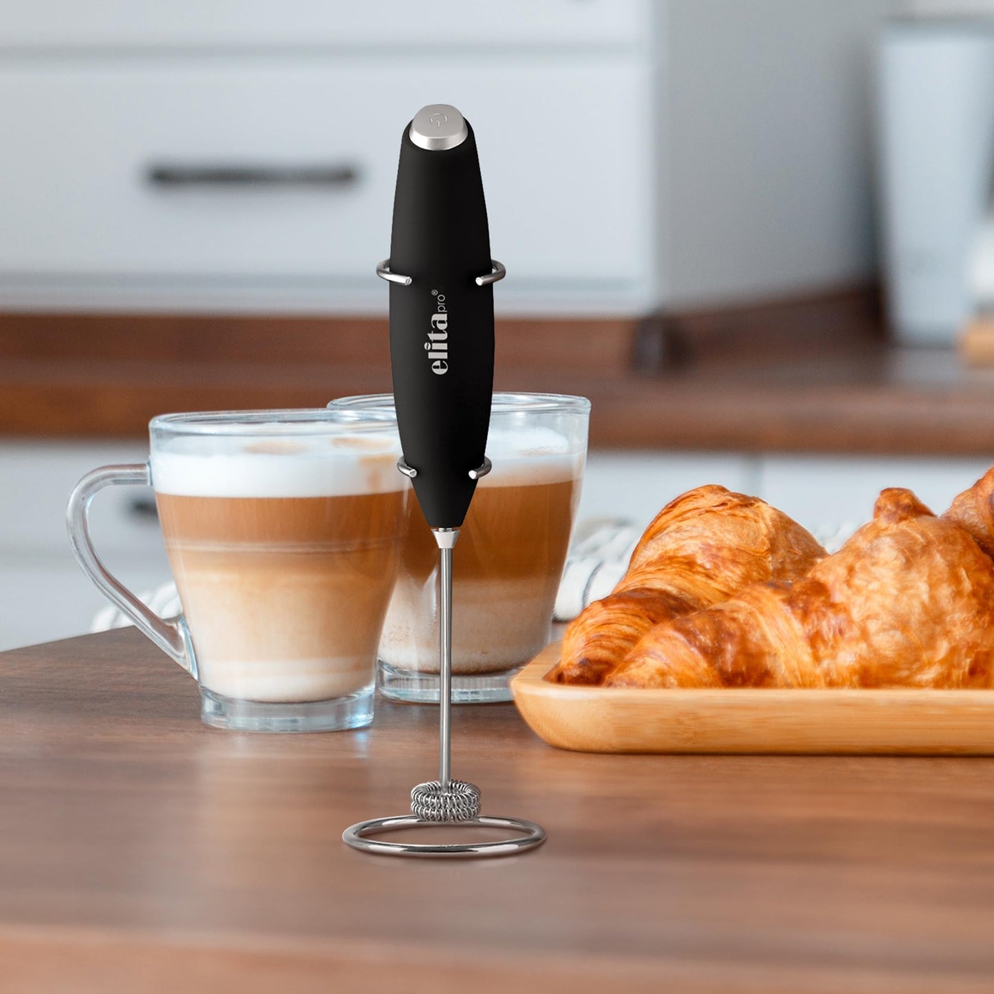 ElitaPro Powerful Milk Frother Wand - 2 in 1 Handheld Coffee Frother and Egg Beater - Mini Foam Maker With Stand - Whisk Drink Mixer & Foamer for Coffee, Latte, Matcha, Hot Chocolate (Exec Black)