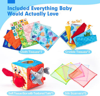 hahaland Baby Tissue Box Toy - Baby Toys 6-12 Months Montessori Toys for 6 Month Old Toys with Textured Tails, Cloth Tissues, Crinkle, Squeaky Sounds, Mirror - Baby Gifts Christmas Stocking Stuffers