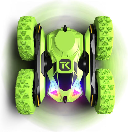 Threeking RC Stunt Cars Remote Control Car Double-Sided Driving 360-degree Flips Rotating Car Toy, Green