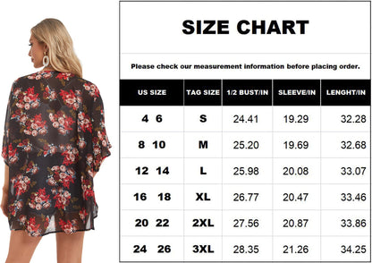 Women's Floral Print Puff Sleeve Kimono Cardigan Loose Cover Up Casual Blouse Tops