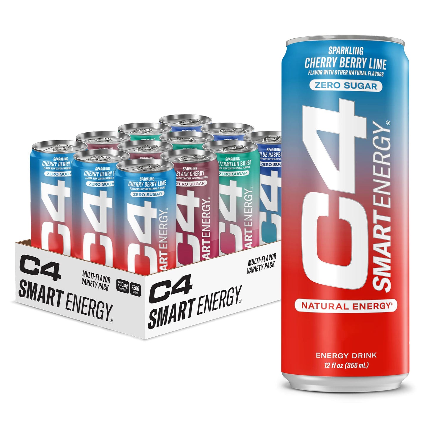 C4 Smart Energy Drink – Boost Focus and Energy with Zero Sugar, Natural Energy, and Nootropics - 200mg Caffeine - Cherry Berry Lime (12oz Pack of 12)