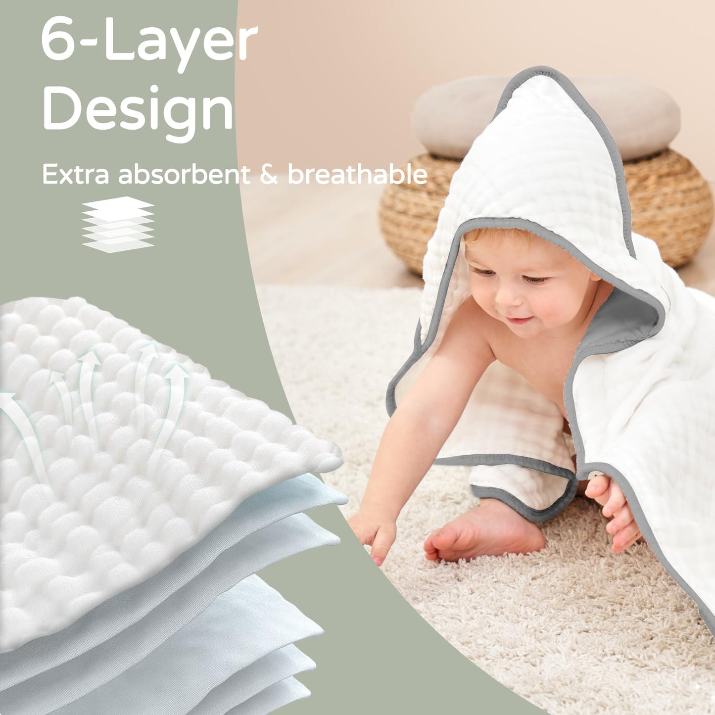 Yoofoss Hooded Baby Towels for Newborn 2 Pack 100% Muslin Cotton Baby Bath Towel with Hood for Babies, Infant, Toddler and Kids, Large 32x32Inch, Soft and Absorbent Newborn Essential