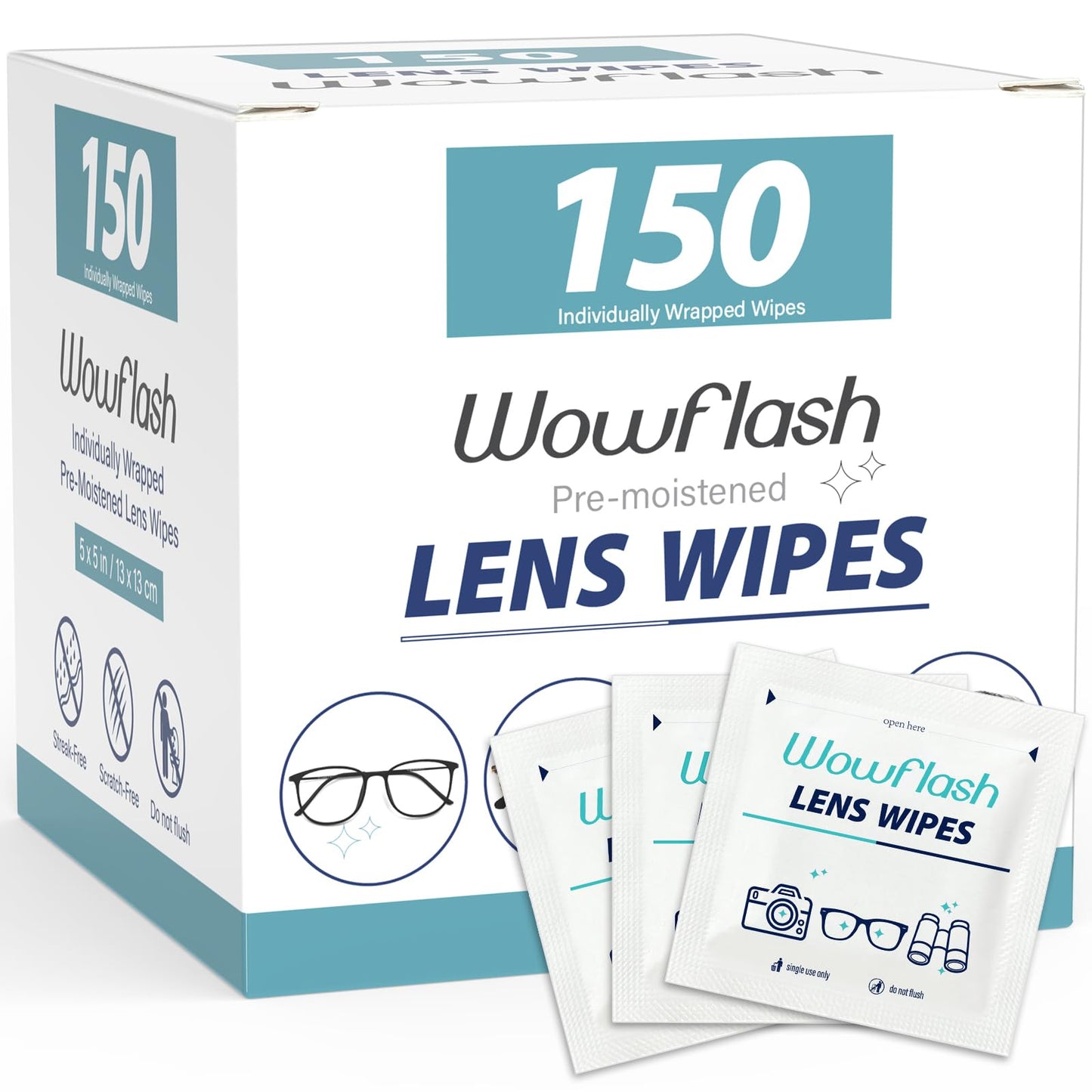 150 Count Lens Wipes for Eyeglasses, Eyeglass Lens Cleaning Wipes Pre-moistened Individually Wrapped Sracth-Free Streak-Free Eye Glasses Cleaner Wipes for Sunglass, Camera Lens, Goggles