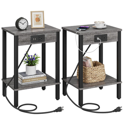 Set of 2 End Table with Charging Station, Narrow Side Table with USB Ports and Outlets, Nightstands with 2-Tier Storage Shelves, Sofa Table for Small Space Living Room Bedroom, Grey